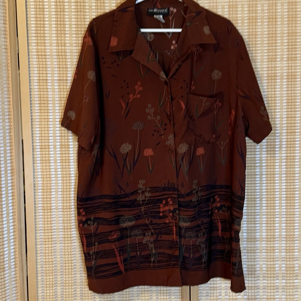 Sag Harbor Womens 22W Shirt Button Up Brown Floral Grannycore Fairycore Vintage